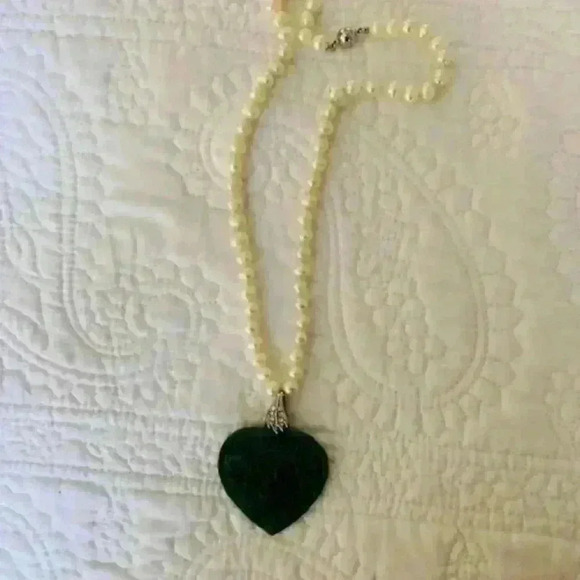 jade heart ,necklace with natural pearls vintage - Picture 5 of 6